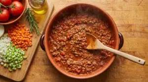 Ragù di carne in pentola con cucchiaio di legno e soffritto di carota, sedano e cipolla su tagliere