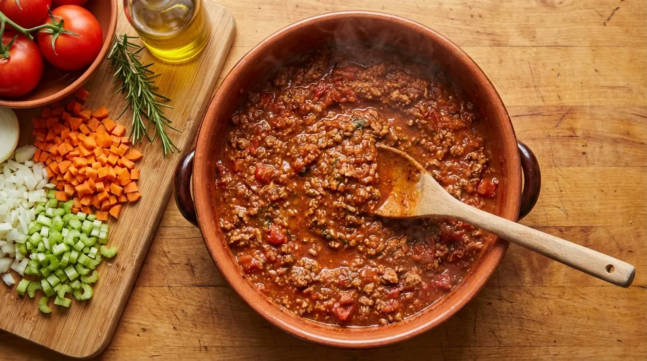 Ragù di carne in pentola con cucchiaio di legno e soffritto di carota, sedano e cipolla su tagliere