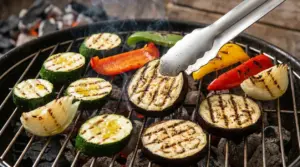 Verdure grigliate su barbecue con zucchine, melanzane, peperoni e cipolla durante la cottura
