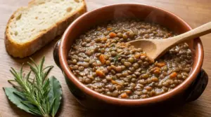 Zuppa di lenticchie in una terrina con cucchiaio di legno, pane rustico e aromi su tavolo di legno