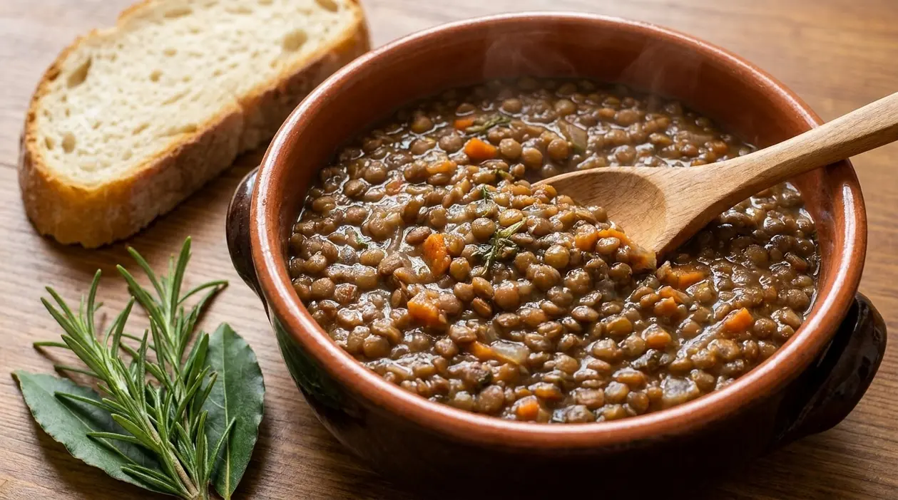 Zuppa di lenticchie in una terrina con cucchiaio di legno, pane rustico e aromi su tavolo di legno