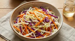 Ciotola con insalata agrodolce di cavolo bianco, cavolo viola e carote su tavolo in legno
