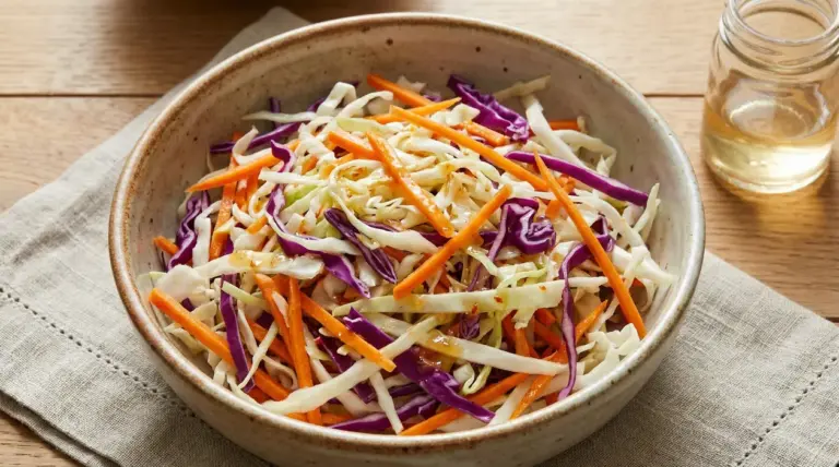 Ciotola con insalata agrodolce di cavolo bianco, cavolo viola e carote su tavolo in legno