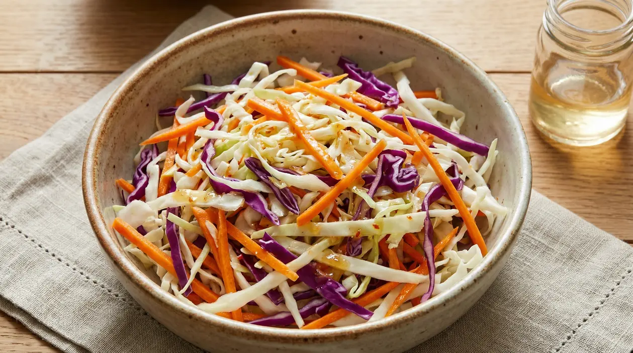 Ciotola con insalata agrodolce di cavolo bianco, cavolo viola e carote su tavolo in legno