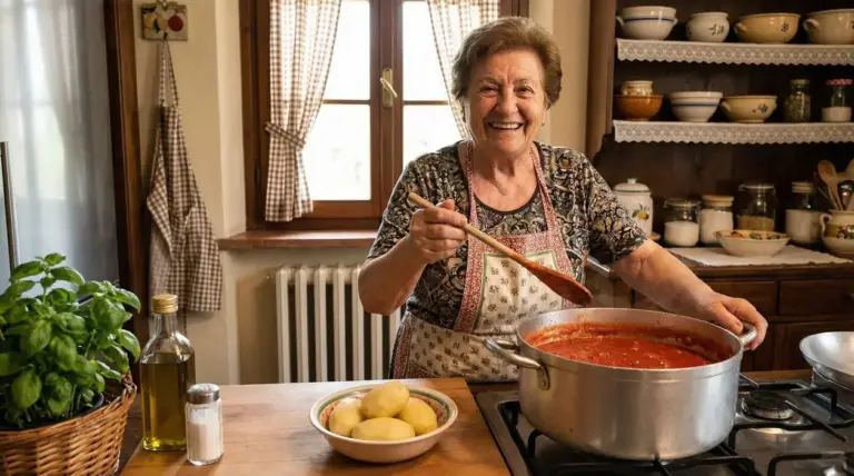 Nonna in cucina mescola una grande pentola di sugo al pomodoro con patate, basilico e sale sul tavolo.