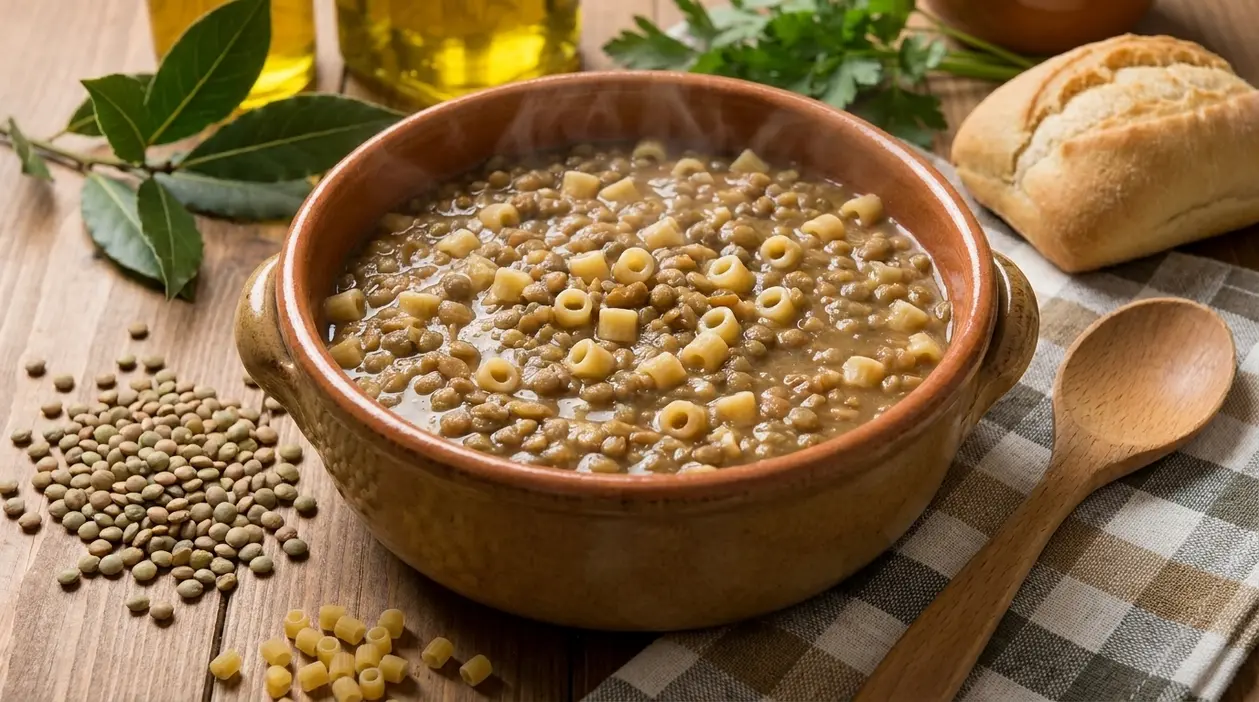 Ciotola di lenticchie con pasta corta su tavolo rustico, con pane e cucchiaio di legno