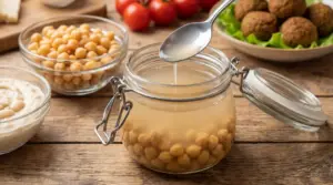 Barattolo con ceci e liquido di conservazione versato da un cucchiaio su un tavolo di cucina