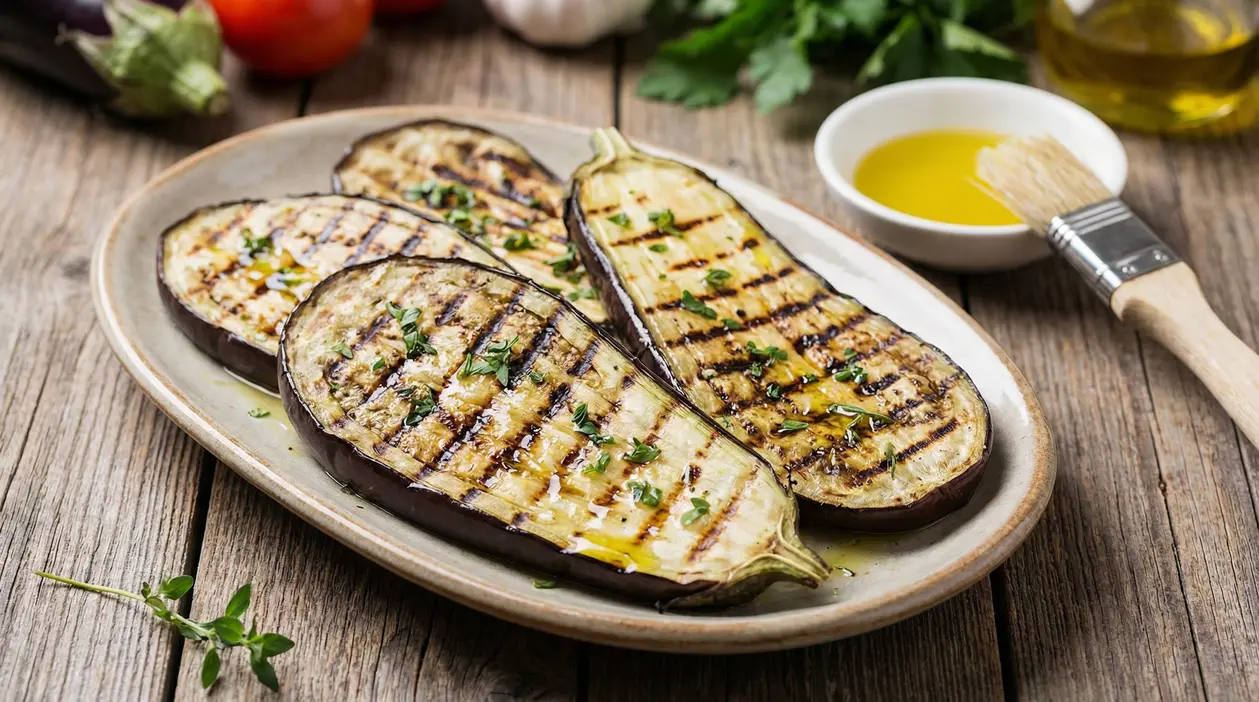 Fette di melanzane grigliate con olio e erbe aromatiche servite su un piatto
