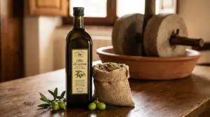 Bottiglia di olio di sansa su tavolo in legno con olive, foglie e macina tradizionale sullo sfondo