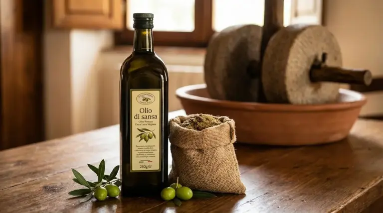 Bottiglia di olio di sansa su tavolo in legno con olive, foglie e macina tradizionale sullo sfondo