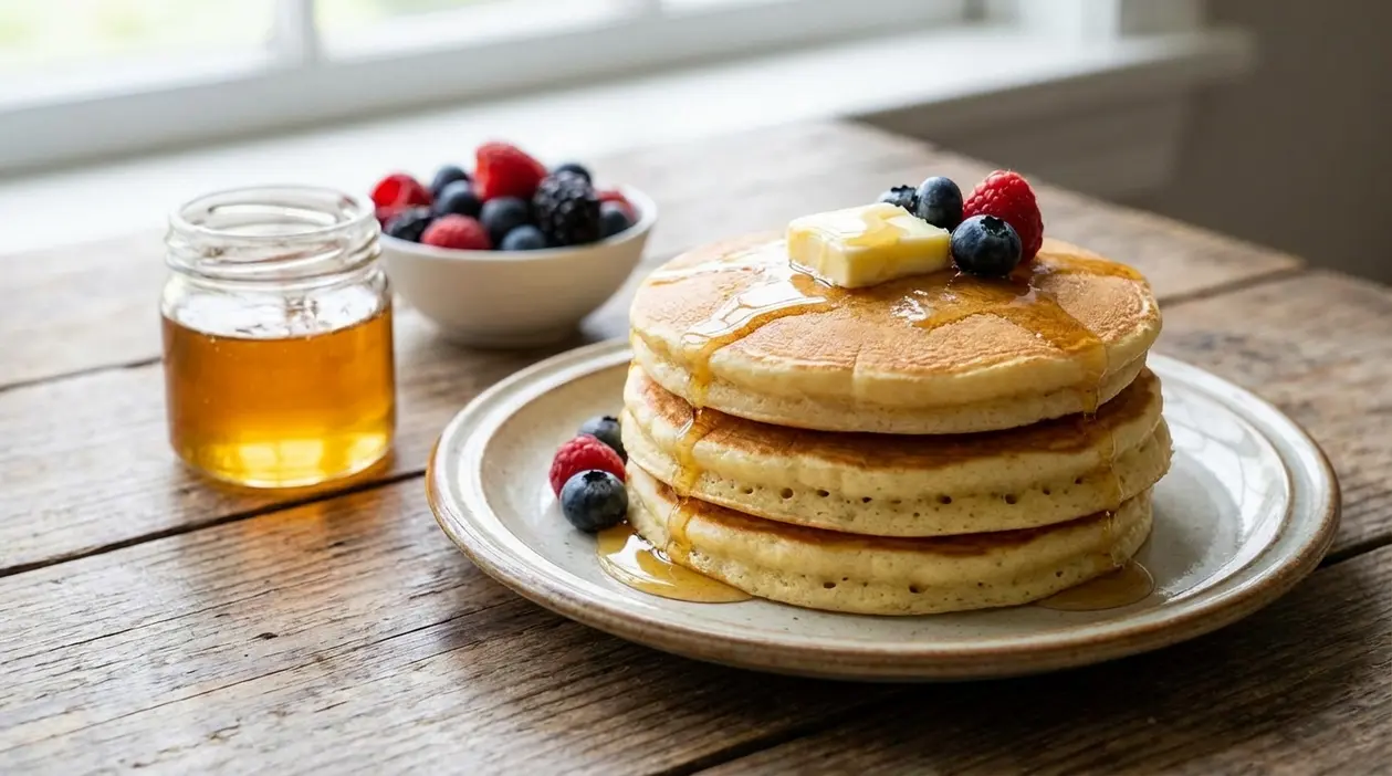 Pila di pancake soffici con burro, sciroppo d’acero e frutti di bosco su un piatto di ceramica