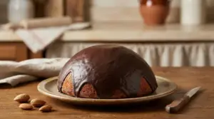 Parrozzo abruzzese glassato al cioccolato su un piatto rustico, con mandorle su tavolo di legno