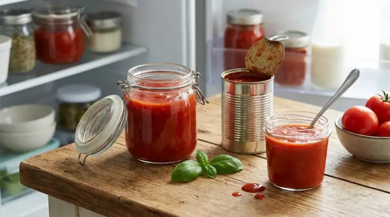 Barattoli e lattina di passata di pomodoro aperta su un tavolo davanti al frigorifero