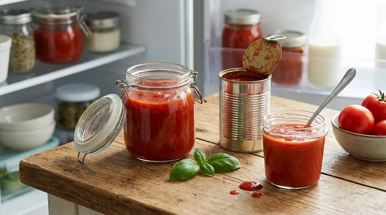 Barattoli e lattina di passata di pomodoro aperta su un tavolo davanti al frigorifero
