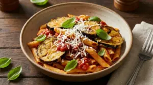 Pasta alla Norma siciliana con melanzane fritte, salsa di pomodoro, ricotta salata grattugiata e basilico