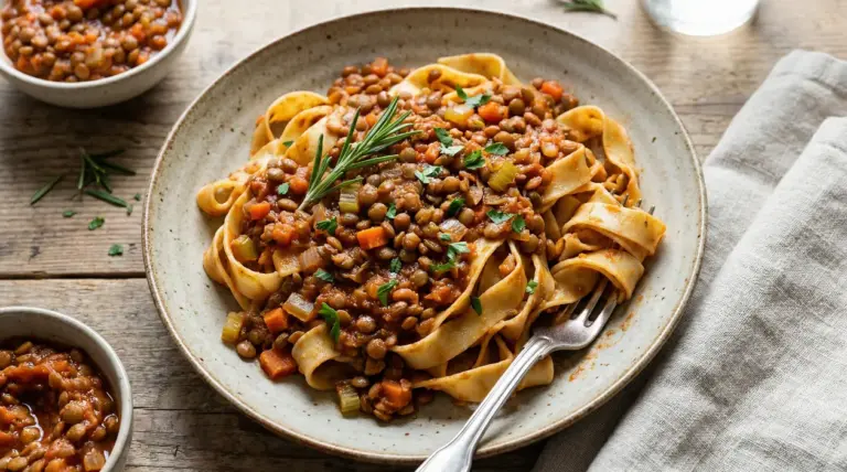 Pasta con ragù di lenticchie servita in un piatto con erbe aromatiche e verdure