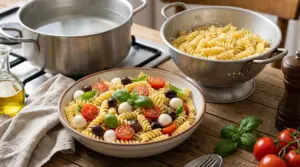 Pasta fredda con fusilli, pomodorini, mozzarella, olive e basilico accanto a pentola e scolapasta