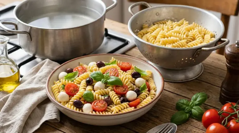 Pasta fredda con fusilli, pomodorini, mozzarella, olive e basilico accanto a pentola e scolapasta