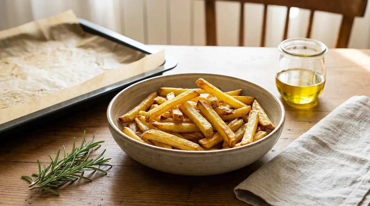 Ciotola di patatine fritte light su tavolo con teglia da forno, olio e rosmarino