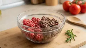 Ciotola con carne macinata fresca e carne macinata scurita su tagliere in cucina