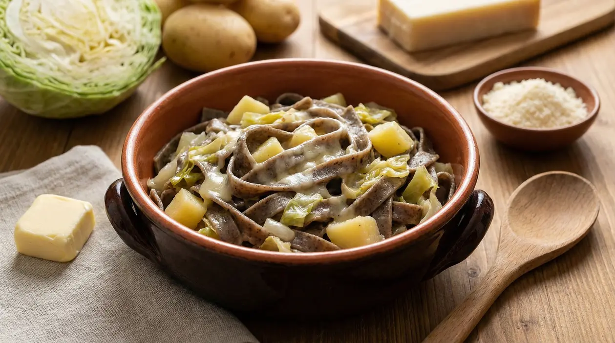 Pizzoccheri valtellinesi con verza, patate e formaggio fuso serviti in una terrina rustica