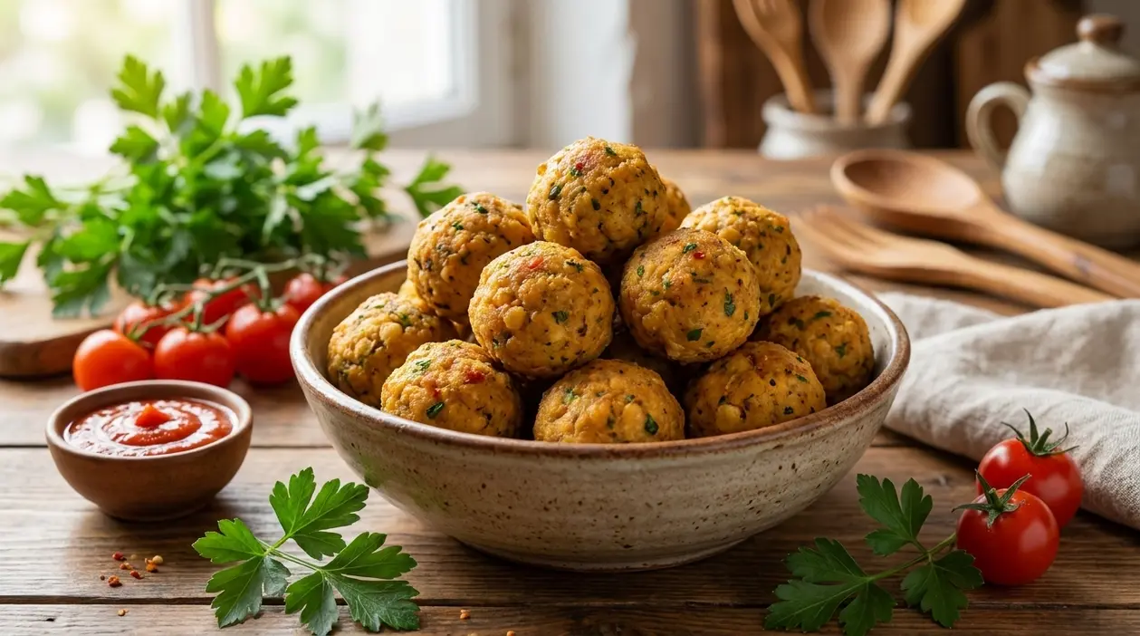 Ciotola di polpette di ceci con prezzemolo, pomodorini e salsa su tavolo di legno