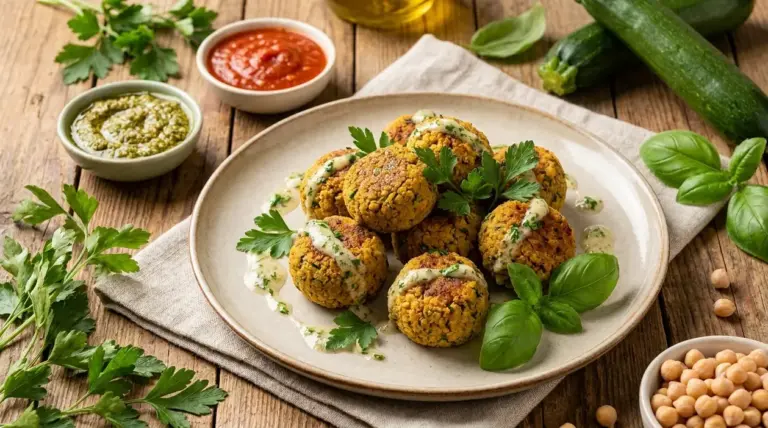Polpette vegetali di ceci e zucchine servite con salsa alle erbe su un piatto rustico