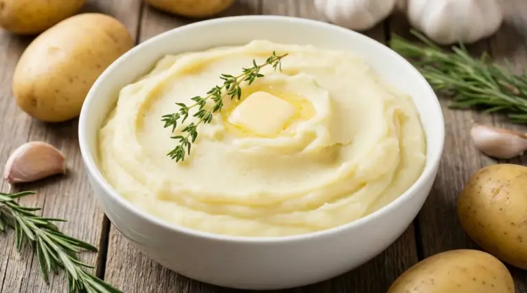 Ciotola di purè di patate cremoso con burro ed erbe aromatiche su tavolo rustico