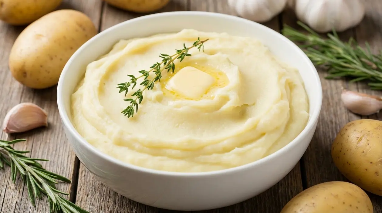 Ciotola di purè di patate cremoso con burro ed erbe aromatiche su tavolo rustico