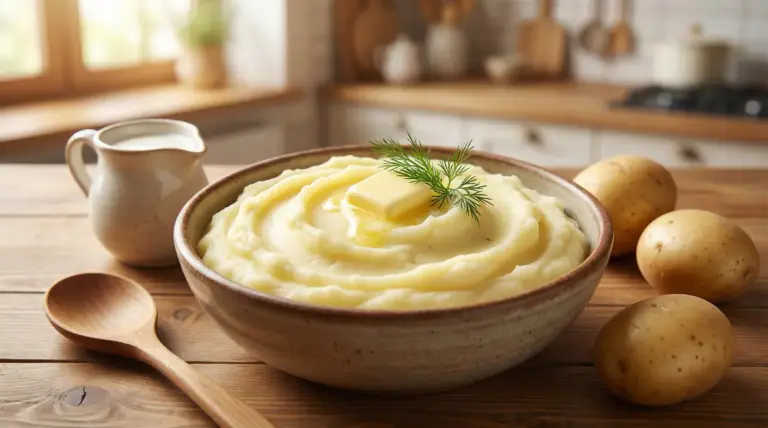 Ciotola di purè di patate cremoso con burro, accanto a latte e patate su un tavolo di legno