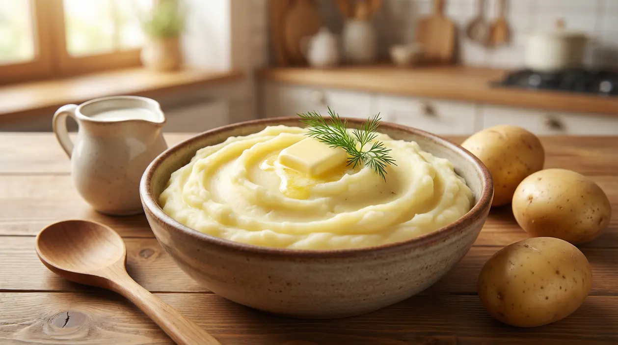 Ciotola di purè di patate cremoso con burro, accanto a latte e patate su un tavolo di legno