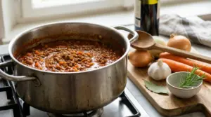 Pentola con ragù alla bolognese sul fornello accanto a cipolle, carote, aglio e rosmarino