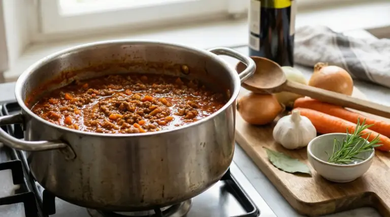 Pentola con ragù alla bolognese sul fornello accanto a cipolle, carote, aglio e rosmarino