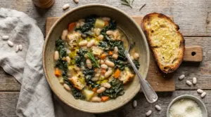 Ciotola di ribollita toscana con cavolo nero, fagioli cannellini e pane tostato su tavolo rustico
