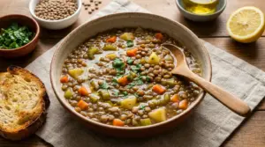 Ciotola di zuppa di lenticchie con verdure, prezzemolo, pane tostato, limone e olio su tavolo in legno
