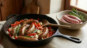 Salsicce rosolate in padella con peperoni, cipolla, aglio e rosmarino su un piano da cucina