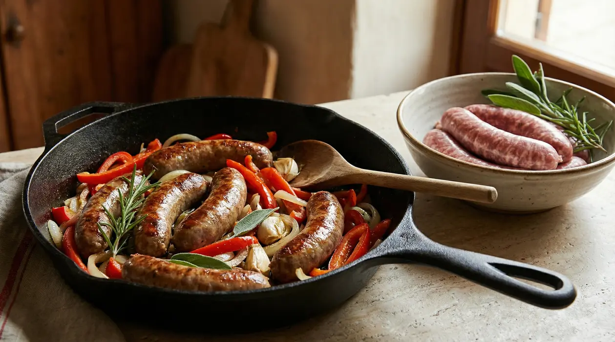 Salsicce rosolate in padella con peperoni, cipolla, aglio e rosmarino su un piano da cucina