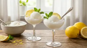Due coppette di sorbetto al limone con fettine di limone e menta su tavolo di legno, con limoni freschi accanto