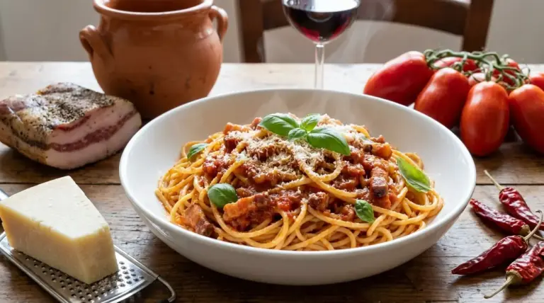 Piatto di spaghetti all’amatriciana con pomodoro, guanciale e formaggio grattugiato su tavola rustica