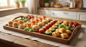 Vassoio di stuzzichini per aperitivo con finger food assortiti, mini panini, salatini, olive e verdure