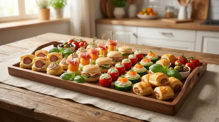 Vassoio di stuzzichini per aperitivo con finger food assortiti, mini panini, salatini, olive e verdure