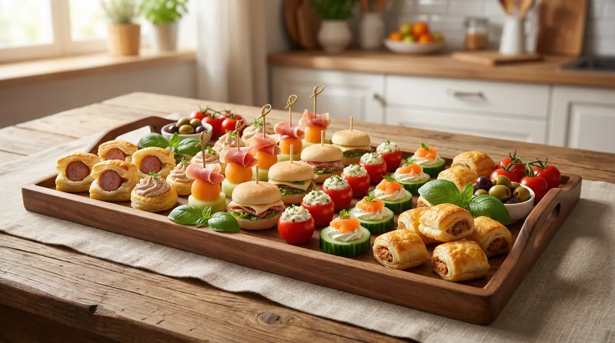 Vassoio di stuzzichini per aperitivo con finger food assortiti, mini panini, salatini, olive e verdure