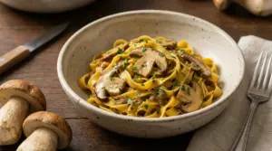 Piatto di tagliatelle ai funghi porcini freschi con prezzemolo, servito in una ciotola rustica