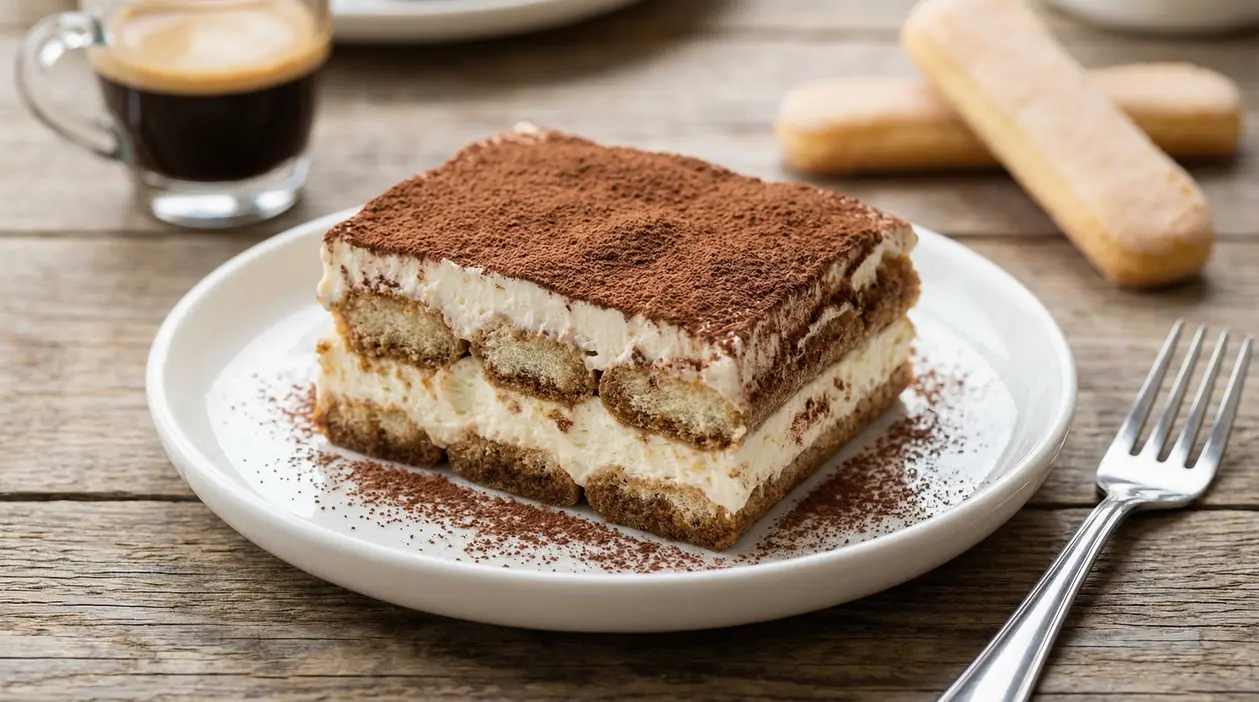 Fetta di tiramisù leggero alla crema con cacao in polvere su piatto, con caffè e savoiardi sullo sfondo