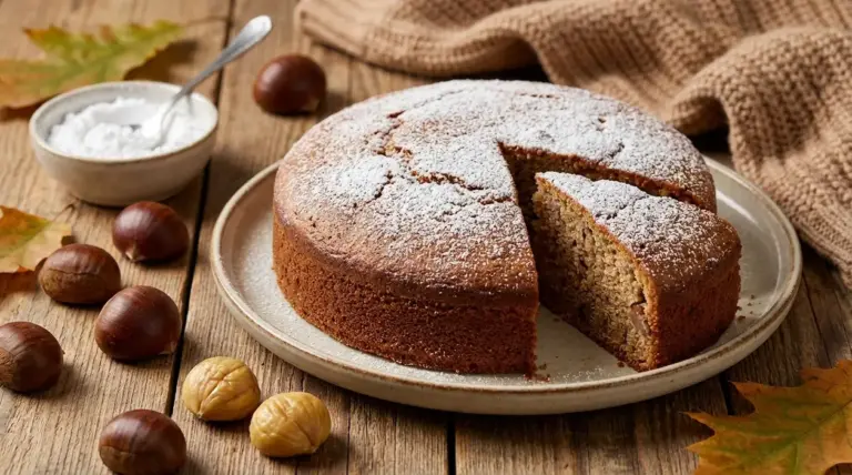 Torta di castagne spolverata di zucchero a velo, con una fetta tagliata, servita su tavolo rustico
