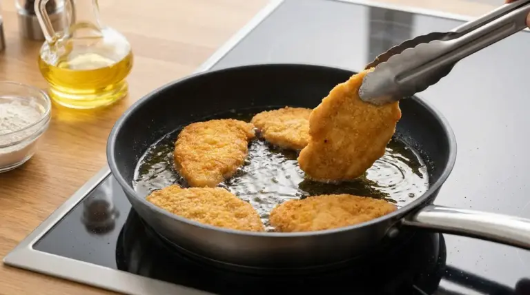 Cotolette impanate che friggono in padella con olio caldo, girate con una pinza su piano cottura.