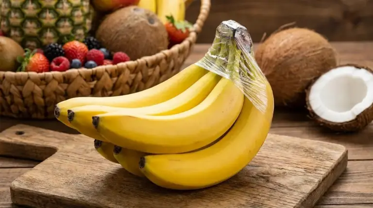 Casco di banane mature con il gambo avvolto nella pellicola trasparente su un tagliere di legno