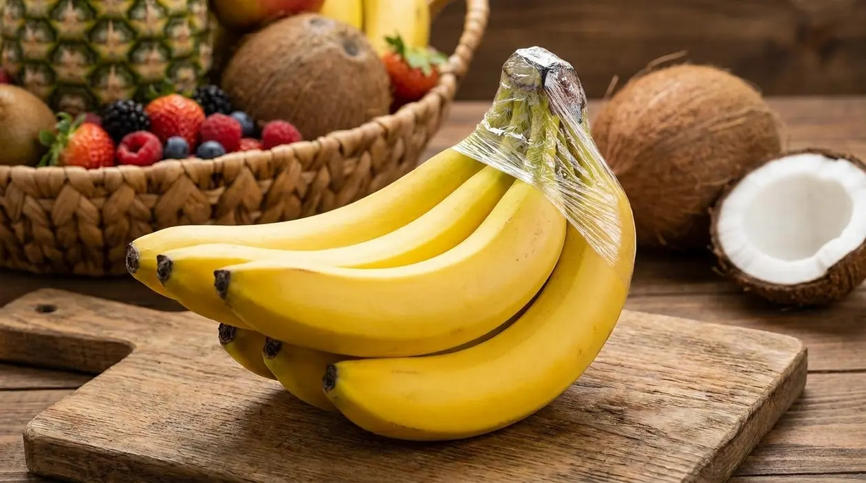 Casco di banane mature con il gambo avvolto nella pellicola trasparente su un tagliere di legno