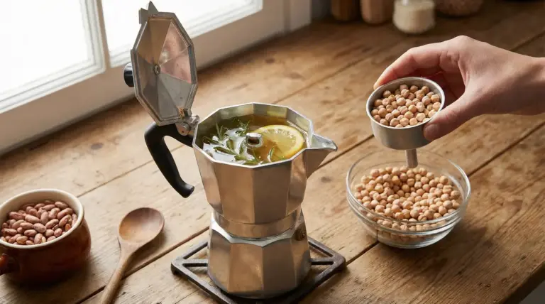 Caffettiera moka usata per preparare un infuso con limone e rosmarino, accanto a ceci e legumi su un tavolo
