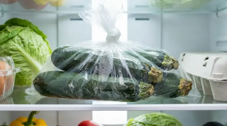 Zucchine crude chiuse in un sacchetto di plastica nel frigorifero, con condensa che favorisce il deterioramento